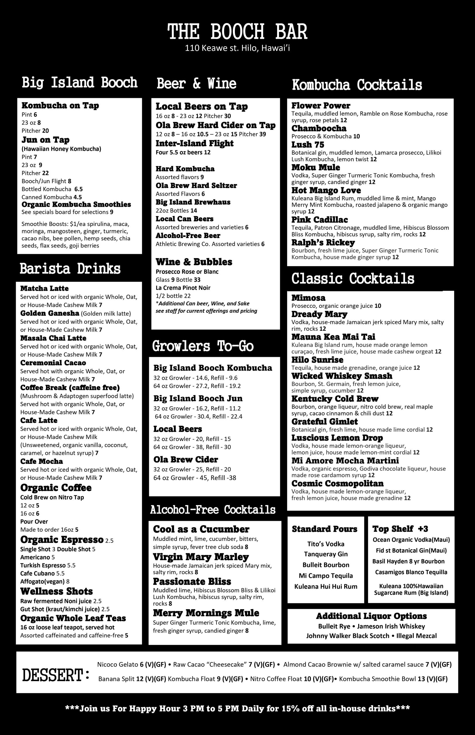 The Booch Bar drinks menu updated 08/08/23
