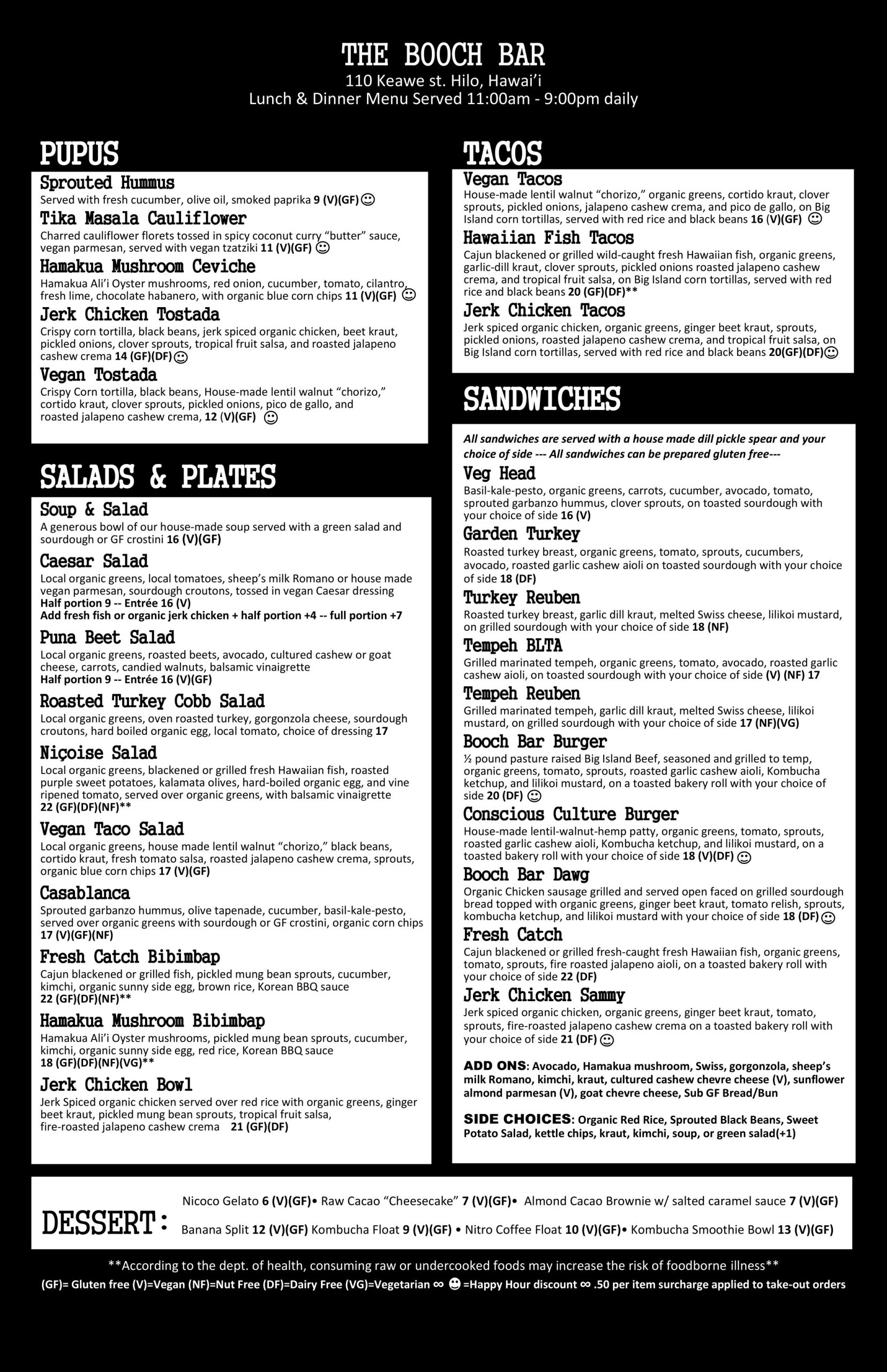 The Booch Bar lunch menu updated 08/08/23
