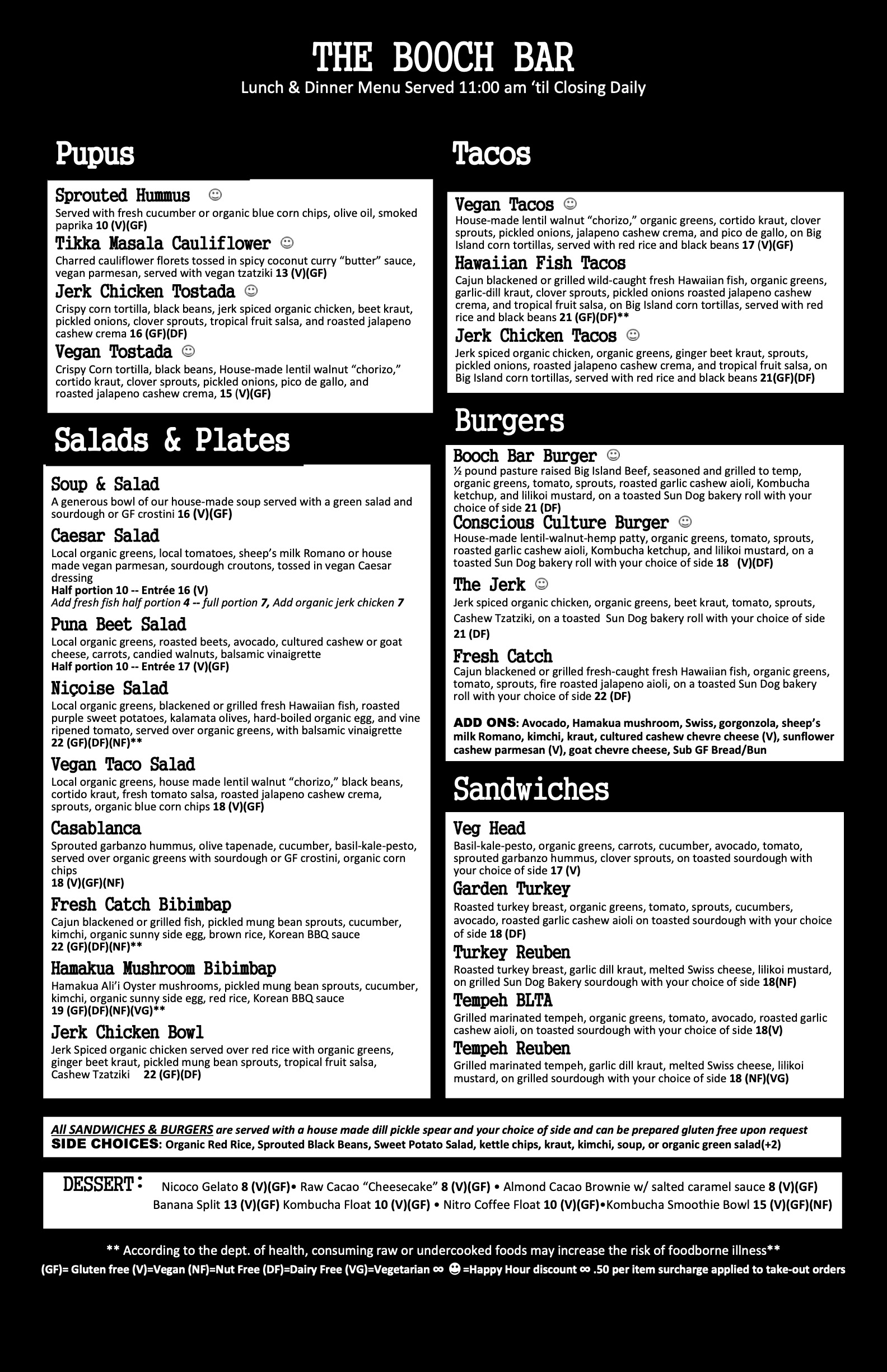 The Booch Bar lunch menu updated 08/08/23